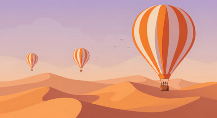 Illustration of Colorful Balloons Floating Over the Desert Landscape, Drifting Above the Sand Dunes with a Peaceful, Serene Atmosphere