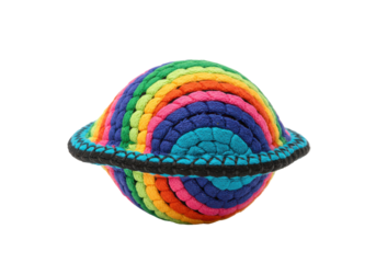 Colorful plush planet toy with vibrant rainbow design against a plain background