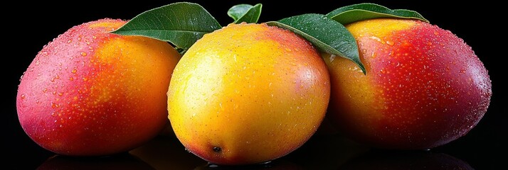 Three ripe mangoes with water droplets on a black background.