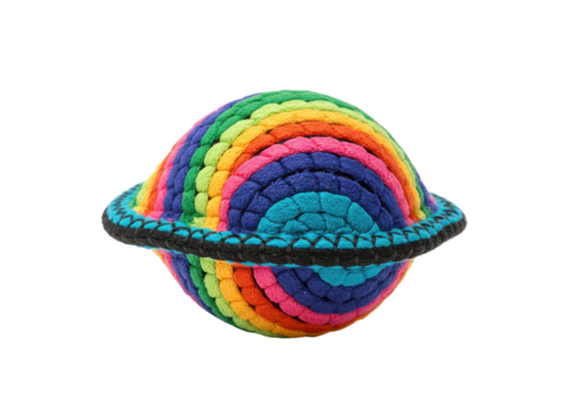 Colorful plush planet toy with vibrant rainbow design against a plain background
