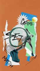 Poster. Contemporary art collage. Explosive forehand swing framed by bold words game set match and geometric layers. Concept of professional sport, game, match, tournament, energy, competition.