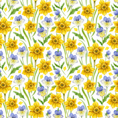 Seamless floral pattern of yellow daffodils and blue pansies. Bright spring watercolor illustration for print, fabric, cover, wrapping, packaging.