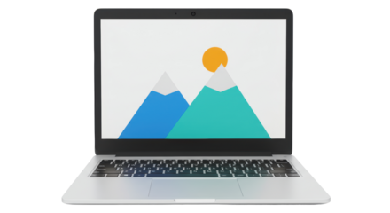 Isolated Modern Laptop Displaying Mountain Landscape and Sun