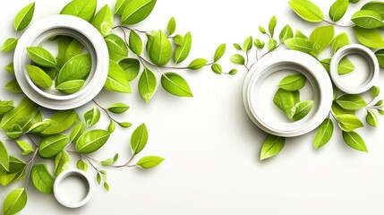 Lush green leaves and white circular shapes arranged aesthetically on white