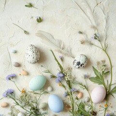 Pastel Easter Eggs and Wildflowers on Textured White Background
