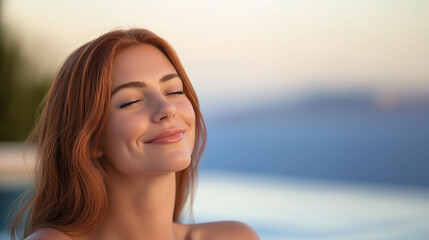 Fototapeta premium Serene Young Woman with Long Red Hair Eyes Closed Peaceful Expression Outdoor Setting