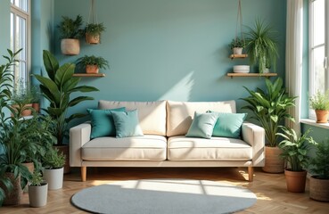 Modern living room with cozy beige sofa turquoise pillows. Home plants, urban jungle decor create relaxing vibe. Wooden parquet, stylish design, comfortable apartment. Interior design, home decor.