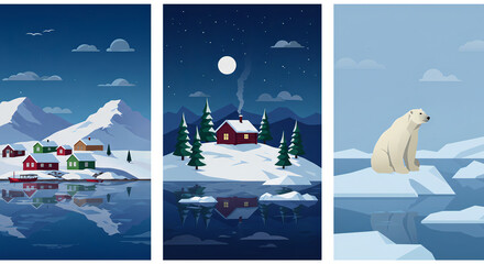 Winter landscape illustration with snowy cabins, polar bear, ice floes, and Arctic scenery — cozy Alaska-inspired nature scene
