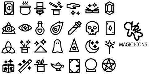 Magic simple concept 28 icons set. Contains such Fortune hat, genie, rabbit and bottle of potion, mystery objects, alchemy and esoteric book. Witch broom and cauldron and more .Vector illustration.	