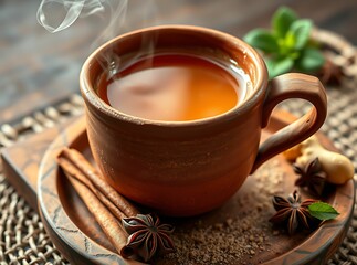 Steaming herbal tea surrounded by cinnamon sticks, star anise, ginger slices, and fresh mint sprigs on a rustic wooden table