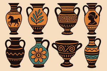 Collection of ancient greek vases with classical designs for artistic and educational purposes