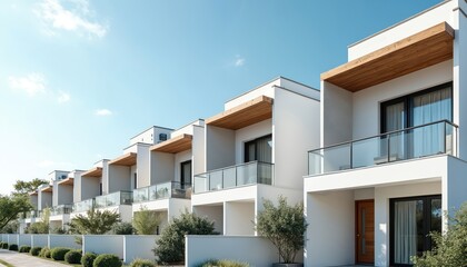 Row modern townhouses with white walls grey roofs against blue sunny sky. New apartments with balconies. Contemporary architecture, suburban residential houses, real estate concept.