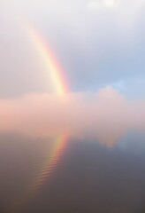 Fototapeta premium Rainbow mist rises from a calm lake, shimmering with pink, blue, and gold , iridescent, water, peaceful