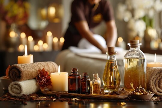 A serene spa scene with massage oil bottles and candles, creating a relaxing atmosphere perfect for wellness, and a tranquil therapy experience, promoting health and beauty