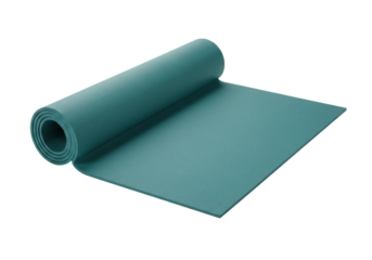 Rolled teal yoga mat on a clean surface, ideal for fitness routines and relaxation