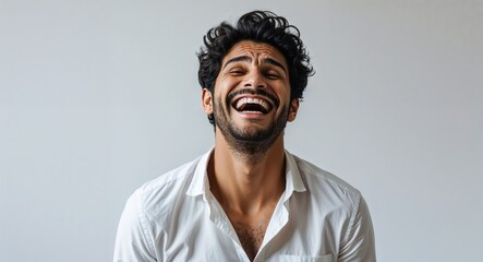 Brazilian 20s man on white plain bright background happy laughing hysterical looking at camera portrait banner with copy space ad concept marketing