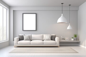Fototapeta premium A minimalist home decor scene with a single line art frame, neutral sofa, and soft shadows