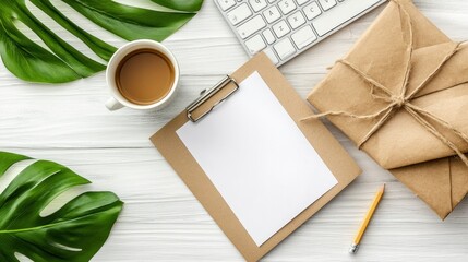 Workspace flat lay with tropical leaves and a kraft paper gift box