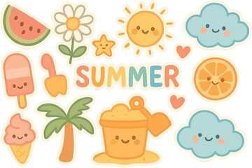 Cute summer clipart collection with smiling sun, clouds, ice cream, and beach elements for diy crafts