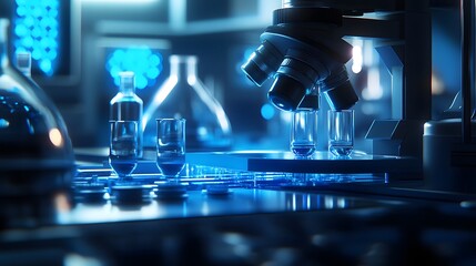 Close-up of biotechnological processes in a laboratory featuring a microscope and various scientific equipment