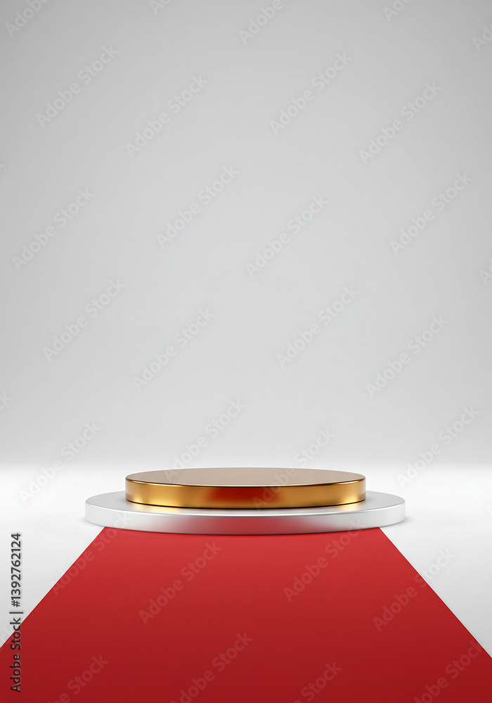Poster empty stage with a red carpet and a golden platform in a white space. show or product display backgr