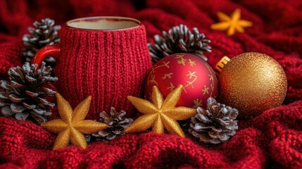 Cozy Christmas scene with mug, ornaments, pine cones, and stars on red knit fabric.