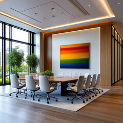 [Modern office living room with rainbow artwork] Modern Living Room with Vibrant Rainbow Painting and Wood Flooring