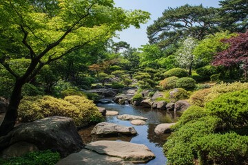 Tranquil stream winds through lush, manicured green gardens on sunny day