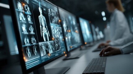 Medical professionals analyze detailed 3D anatomical visualizations on computer screens in a modern facility.
