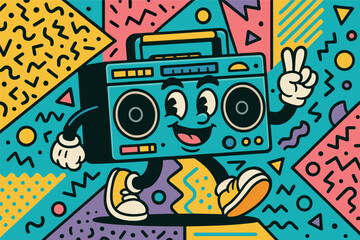 Colorful retro boombox character on abstract geometric background