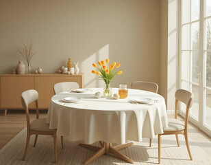 Dining Room Setup with Round Table and Tulips in Glass Vase