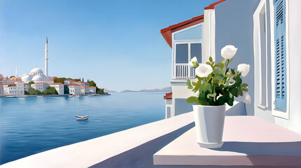 Fototapeta premium Serene coastal view from a balcony, a bouquet of white roses basking in the sun's warm glow, overlooking a tranquil harbor town on a bright summer day.