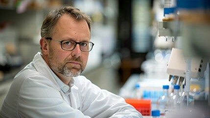 Scientist in protective gear, focused expression, soft light, blurred lab background; dedication to scientific discovery in action.