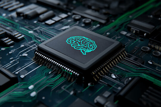 Close-up of a circuit board with a processor featuring a brain graphic, representing artificial intelligence, technology, and neural networks, ideal for tech concepts