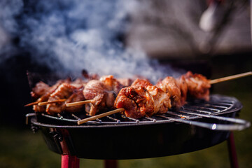 Grilled Meat Skewers Smoking on Charcoal BBQ Grill