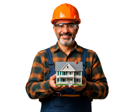 Construction worker holding a house model