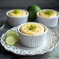 cream of broccoli soup with croutons, Three White Ramekins Filled With Creamy Citrus Dessert