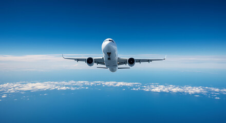 Naklejka premium airplane, blue sky, commercial flight,Adventurous airplane in a majestic flight, set against a serene blue sky with bright fluffy clouds in an expansive sky setting.