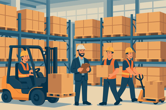 Warehouse team coordination with boxes and forklift in industrial storage facility