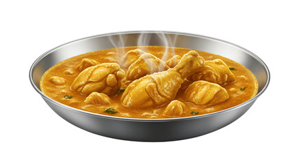 Chicken Curry in Metal Pan with Steam on White Background