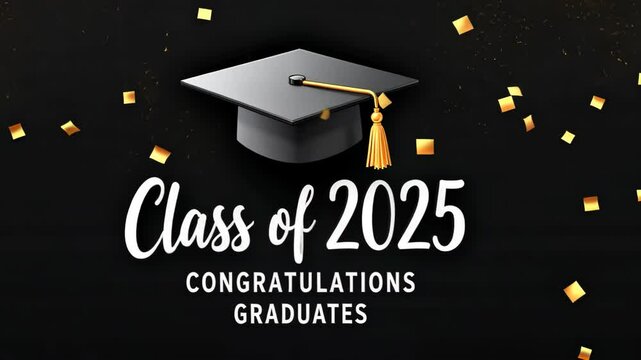 This graduation greeting with a sleek black background and classic graduation cap is dedicated to the class of 2025. Gold confetti falls from above.