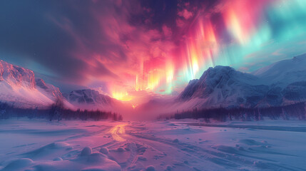 Naklejka premium Northern lights in the mountains. Beautiful winter night landscape.