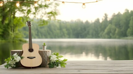 A serene lakeside scene featuring an acoustic guitar resting on a log, surrounded by flowers, with soft lights hanging above, creating a peaceful atmosphere.