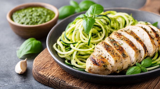 delicious low carb meal featuring grilled chicken breast and zucchini noodles garnished with fresh basil, served with side of pesto sauce, creating healthy and vibrant dish