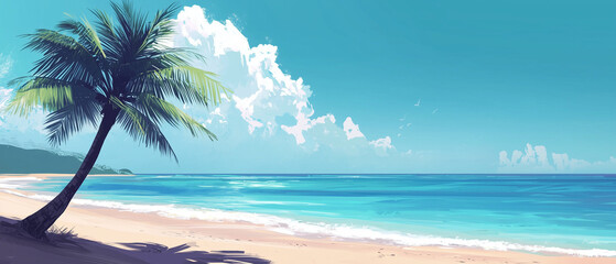 Obraz premium Tropical beach background banner. Palm tree along the beach of beautiful tropical water and sky great for a backdrop or banner with copy space 