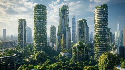Obraz premium Innovative sustainable urban landscape concept integrating green architecture and ecofriendly futuristic planning for a modern cityscape with energyefficient skyscrapers and renewable infrastructure
