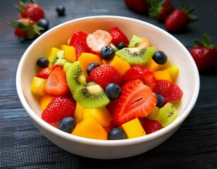 Colorful fresh fruit salad in a white bowl, with strawberries, kiwi, mango and blueberries