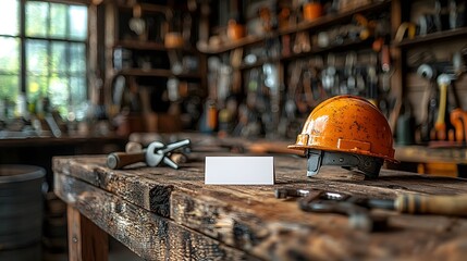A workbench filled with tools and a safety helmet in a rustic workshop