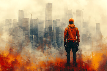 Obraz premium Abstract digital banner showing a construction worker in hazardous conditions, symbolizing the risk of industrial injury in dangerous work environments.