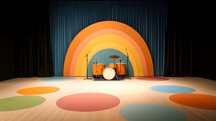 A vibrant stage featuring colorful circles and a rainbow backdrop, set for a performance with drums at the center.